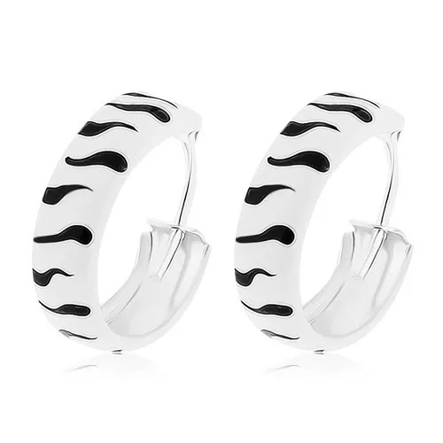 Náušnice ze stříbra 925, kroužek, bíločerná glazura, 15 mm