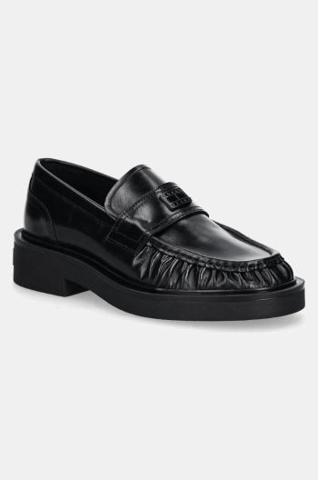 Kožené mokasíny Tommy Jeans TJW ORIGIN LOAFER dámské, černá barva, na plochém podpatku, EN0EN02708