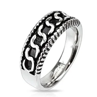 Prsten z chirurgické oceli - vzor ve tvaru písmene "S", patina - Velikost: 72