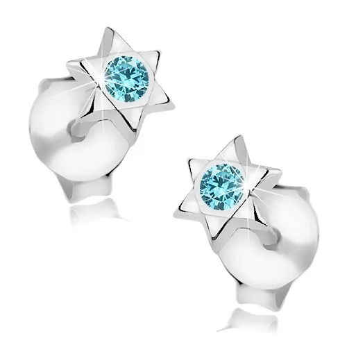 Náušnice ze stříbra 925, lesklá šesticípá hvězda, modrý krystalek Swarovski