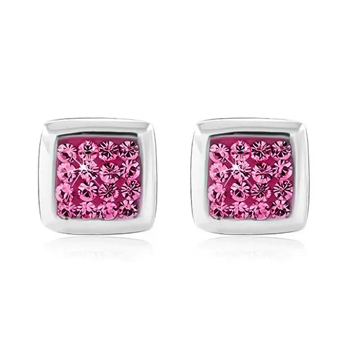 Stříbrné 925 náušnice - lesklý čtverec ozdobený růžovými zirkony, puzety