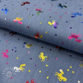 Pamutvászon JEANS FOIL Unicorn light blue