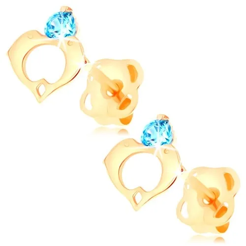 Náušnice ve žlutém 14K zlatě - modrý zirkon, kontura srdce ze dvou delfínů