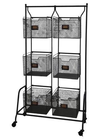 Černý kovový stojan na kolečkách s drátěnými košíky Fil de fer - 81*35*146cm 40032024 (40320-24)