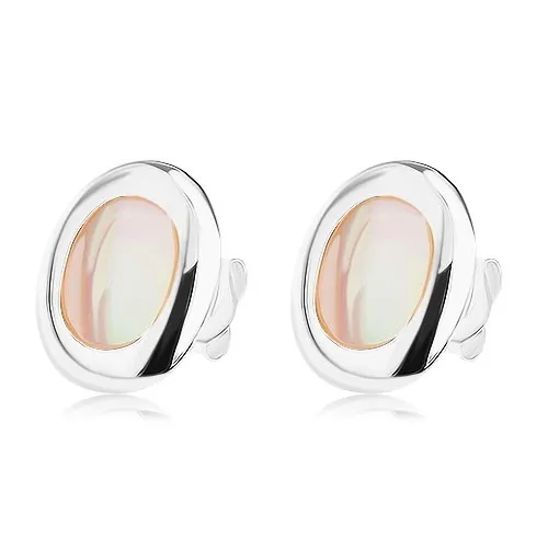 Puzetové náušnice ze stříbra 925, perleťový ovál se stříbrným lemem