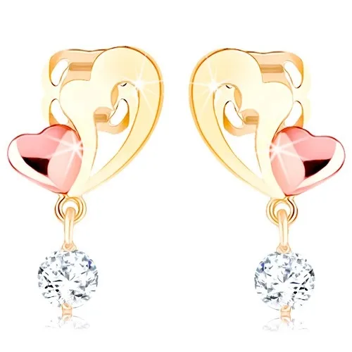 Náušnice ze 14K zlata - kontura srdce a malé vypouklé srdíčko, čirý zirkon
