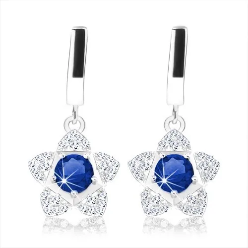 Náušnice ze stříbra 925, blyštivý kvítek, modrý kulatý zirkon