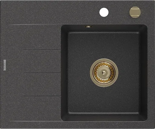 MEXEN/S Ben granitový dřez 1 s odkapávačem pravý 600 x 500 mm, černá kropenatá, sifon zlatá 6523605000-76-G
