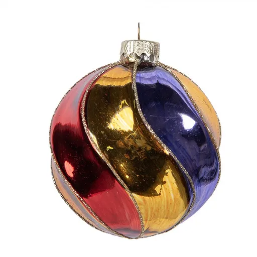 Zlatá skleněná ozdoba koule s barevnými pruhy - Ø 8*8 cm Clayre & Eef