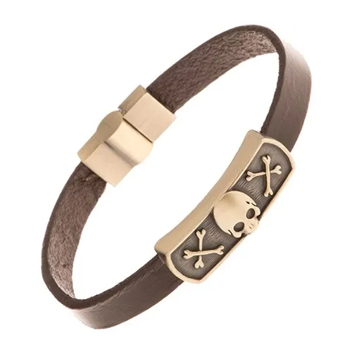 Tmavohnědý kožený náramek, známka mosazné barvy - lebka a kosti