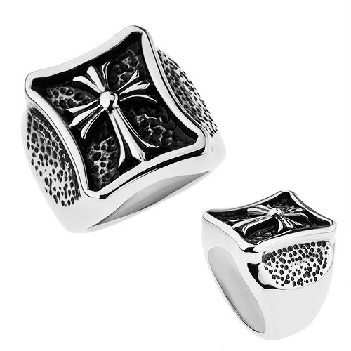 Prsten stříbrné barvy, chirurgická ocel, lesklý kříž s rozdělenými cípy - Velikost: 64