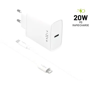 FIXED Travel s USB-C výstupem a USB-C/Lightning kabelem 1m podpora PD 20W bílý (FIXC20-CL-WH)