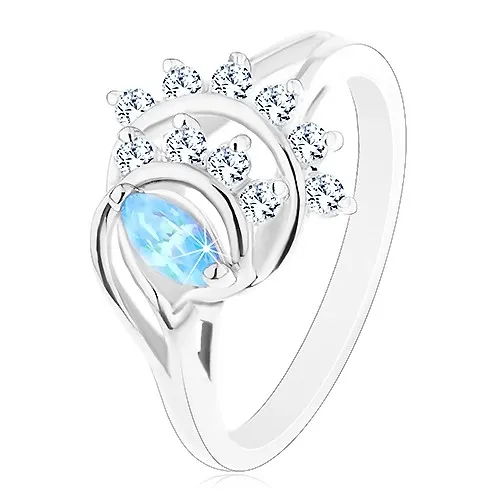 Prsten ve stříbrném odstínu, modré zrnko, oblouky z čirých zirkonů - Velikost: 52