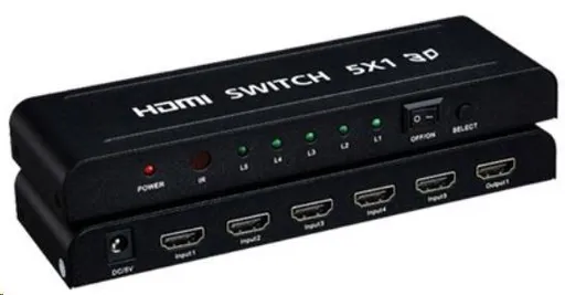 PREMIUMCORD HDMI switch 5:1 kovový s dálkovým ovladačem a napájecím adaptérem