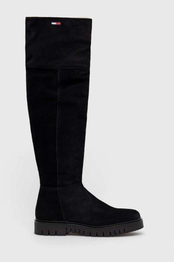 Semišové boty Tommy Jeans Warmlined Long Boot dámské, černá barva, na platformě, zateplené