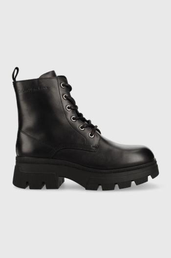 Kožené workery Calvin Klein Jeans Chunky Combat Laceup Boot dámské, černá barva, na plochém podpatku