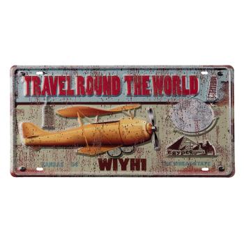 Nástěnná kovová cedule s letadlem Travel Round - 22*42 cm 6Y4380