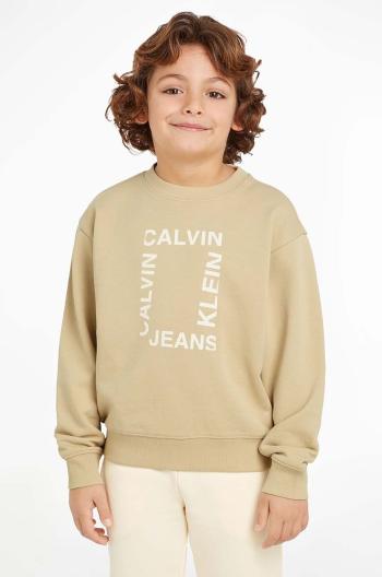 Dětská bavlněná mikina Calvin Klein Jeans béžová barva, s potiskem, IB0IB02133