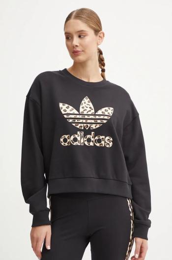 Bavlněná mikina adidas Originals Leopard Sweat dámská, černá barva, s potiskem, IW8480