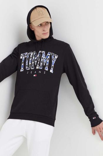 Bavlněná mikina Tommy Jeans pánská, černá barva, s kapucí, s potiskem