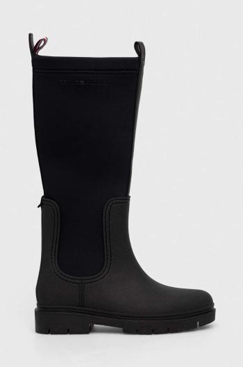 Kozačky Tommy Hilfiger ESSENTIAL TOMMY RAINBOOT dámské, černá barva, na plochém podpatku, FW0FW07666