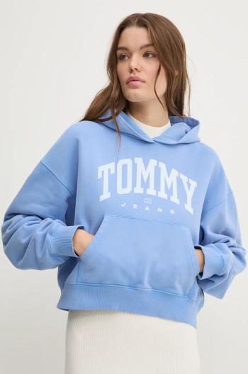 Bavlněná mikina Tommy Jeans dámská, modrá barva, s kapucí, s potiskem, DW0DW19291