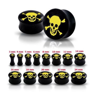 Sedlový čierny plug do ucha, lebka a skrížené kosti - Hrúbka: 10 mm