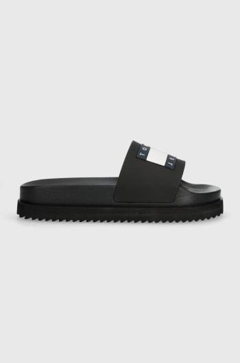 Pantofle Tommy Jeans TJW ELEVATED FLATFORM SLIDE dámské, černá barva, na platformě, EN0EN02451