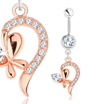 Piercing z ocele 316L, medená a strieborná farba, zatočená línia, motýlik, číre zirkóny