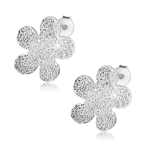 Puzetové náušnice ze stříbra 925, třpytivý kvítek - pískovaný povrch