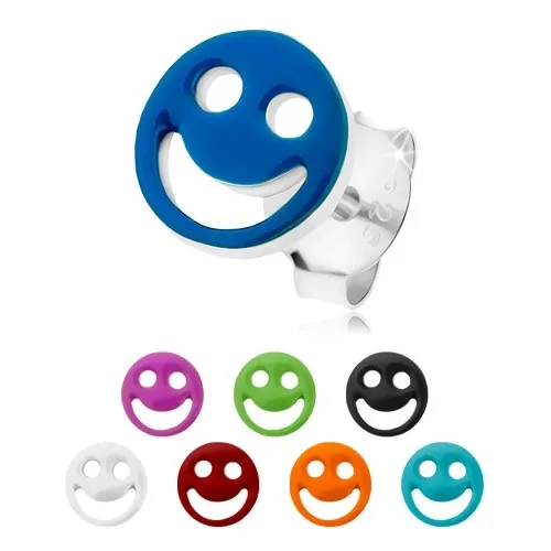 Stříbrné náušnice 925, veselý smajlík s barevnou glazurou, výřez - oči a ústa - Barva: Červená