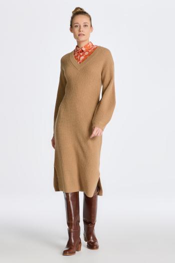 ŠATY GANT WOOL RIB V-NECK DRESS DARK KHAKI