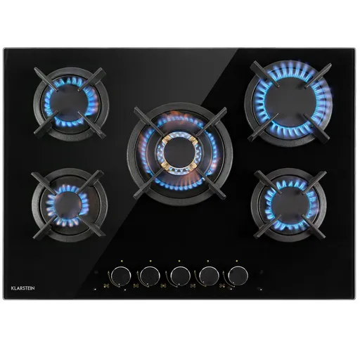 Klarstein Goldflame 5, plynová varná deska, 5 mosazných hořáků, sklokeramika, černá