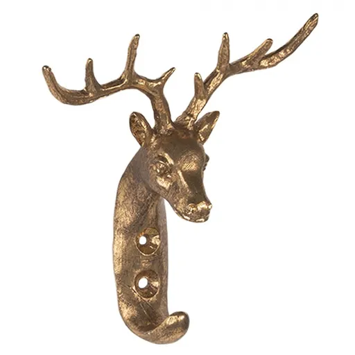Zlatý antik nástěnný kovový háček hlava jelena - 13*5*12 cm Clayre & Eef