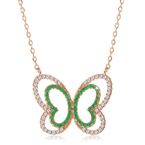 Náhrdelník ze stříbra 925, měděný odstín, třpytivá zeleno-čirá kontura motýla