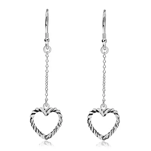 Náušnice ze stříbra 925 - vroubkovaná srdce na řetízku