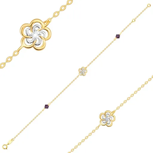 Náramek z kombinovaného zlata 585 - dvoubarevný květ, krystaly Swarovski v barvě ametystu