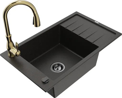 MEXEN/S Elias Elias granitový dřez 1-miska s odkapávačem včetně baterie Savita, černá/zlatá metalik 6511-75-672601-50-B