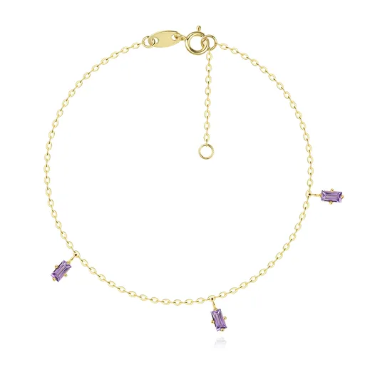 Náramek ze žlutého 14karátového zlata - přírodní fialové ametysty ve tvaru obdélníku