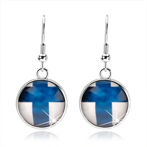 Kabošon náušnice, stříbrný odstín, vypouklá čirá glazura, finská vlajka