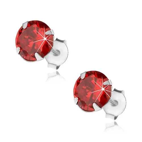 Stříbrné 925 náušnice, kulatý zirkon červené barvy, 7 mm