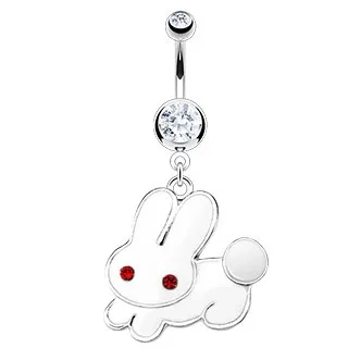 Piercing do břicha - bílý zajíc, červené zirkonové oči