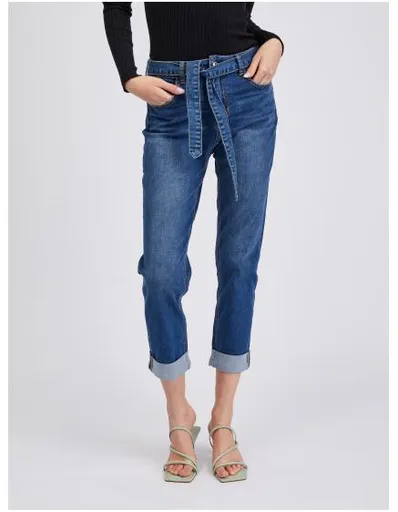 Tmavě modré dámské zkrácené boyfriend džíny
