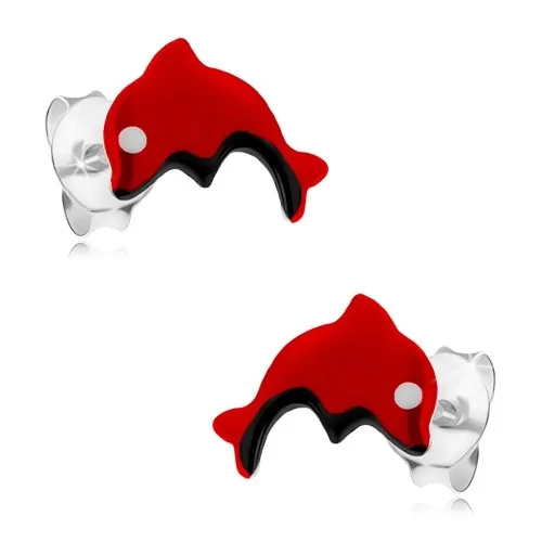 Puzetové náušnice ze stříbra 925, červený skákající delfínek, glazura