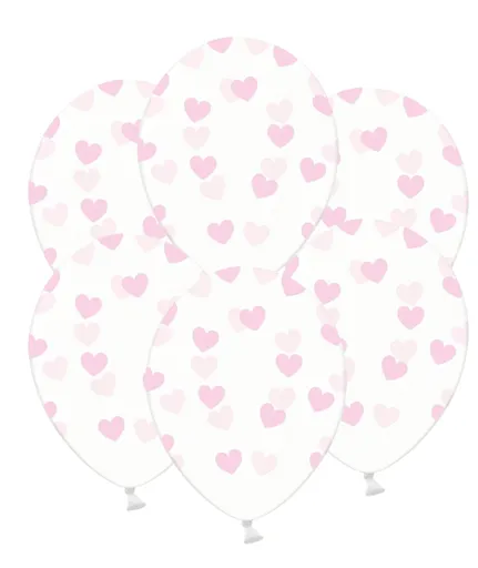 PartyDeco Balón - Průsvitný s růžovými srdíčky 50 ks