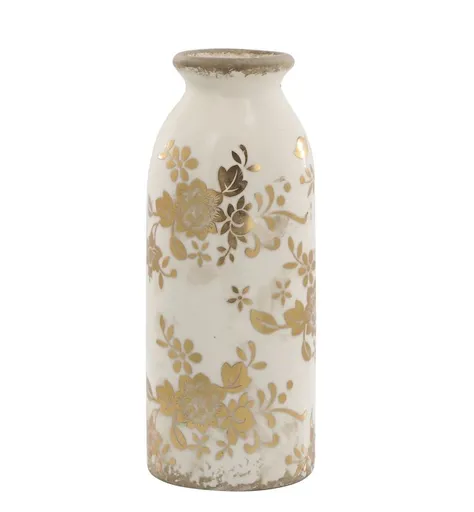 Béžová keramická váza se zlatými květy Melun gold - Ø 8*20 cm Chic Antique