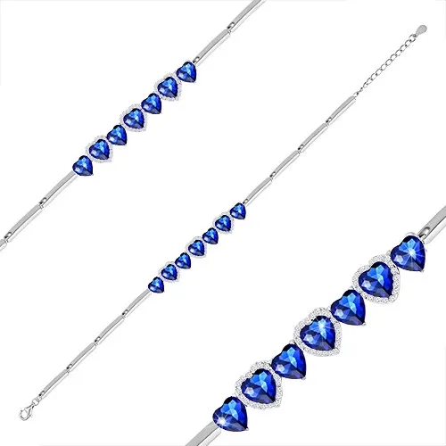 Nastavitelný náramek ze stříbra 925, modrá zirkonová srdíčka, zirkonové kontury srdcí