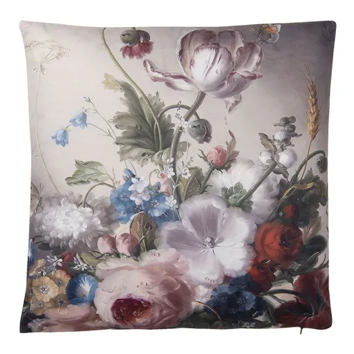 Šedivý polštář s motivem tulipánů a pivoněk s výplní - 45*45 cm Clayre & Eef