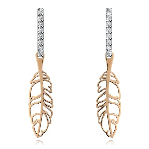 Náušnice v kombinovaném 14K zlatě - pás čirých zirkonků, vyřezávané pírko