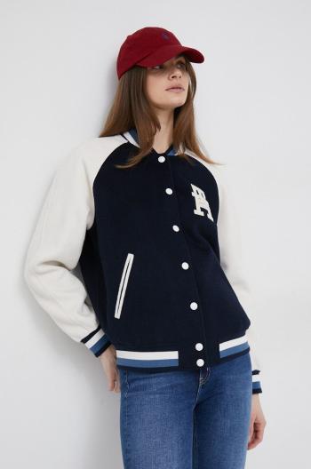 Vlněná bomber bunda Tommy Hilfiger tmavomodrá barva, přechodná